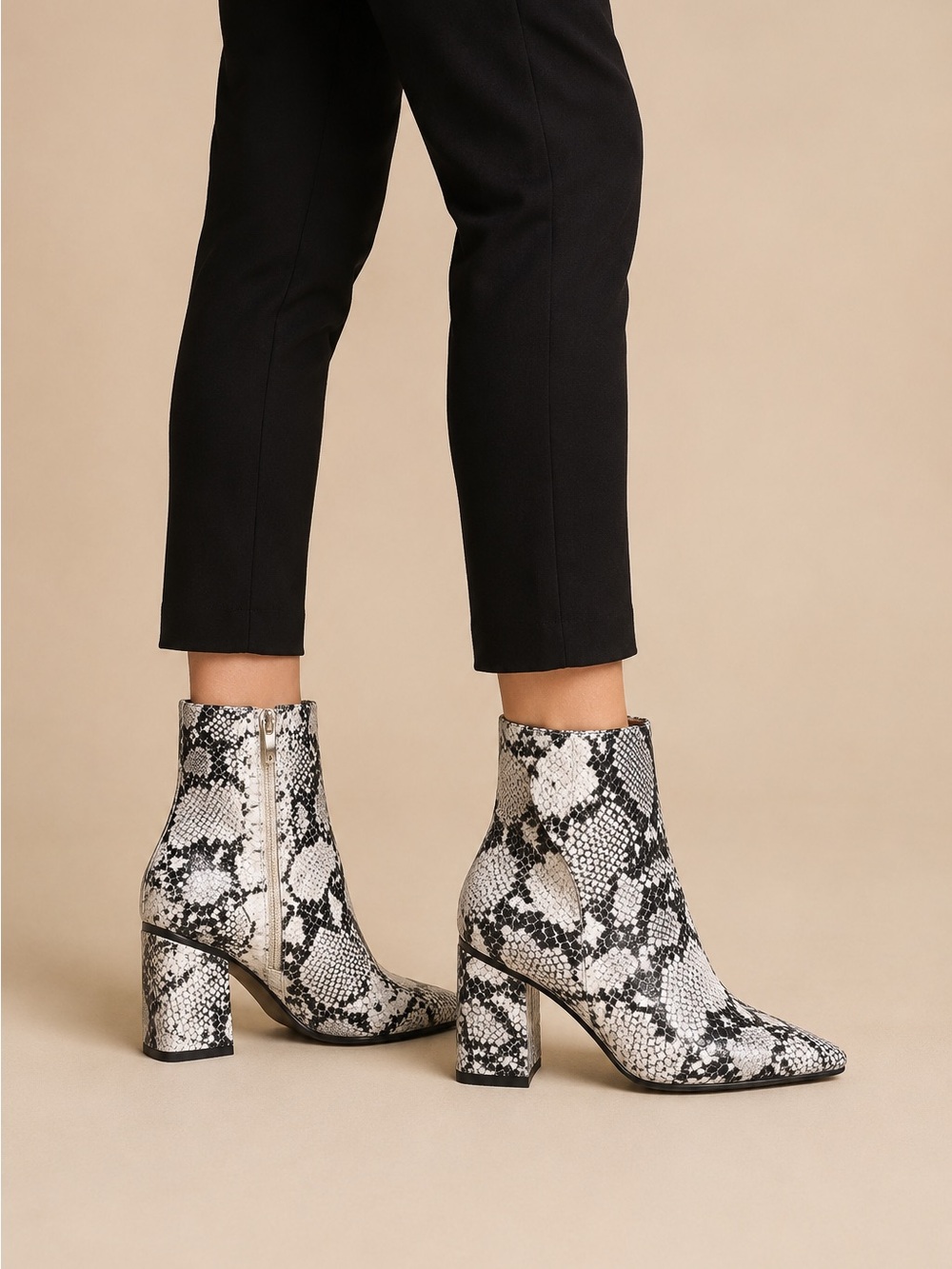 Kiss White and Black Snake Print Pointed Toe Ankle Boots